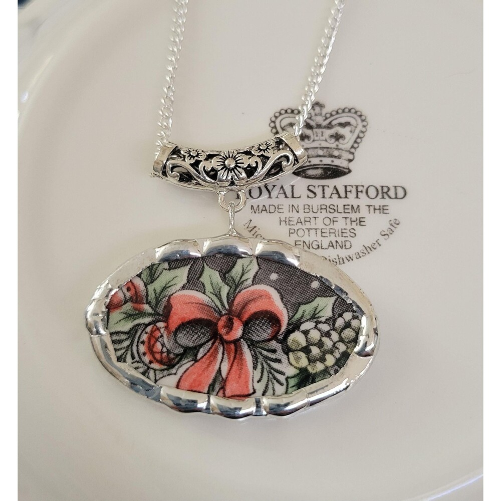 Royal Staffordshire Christmas Broken China Jewelry Necklace Festive Bow Pendant